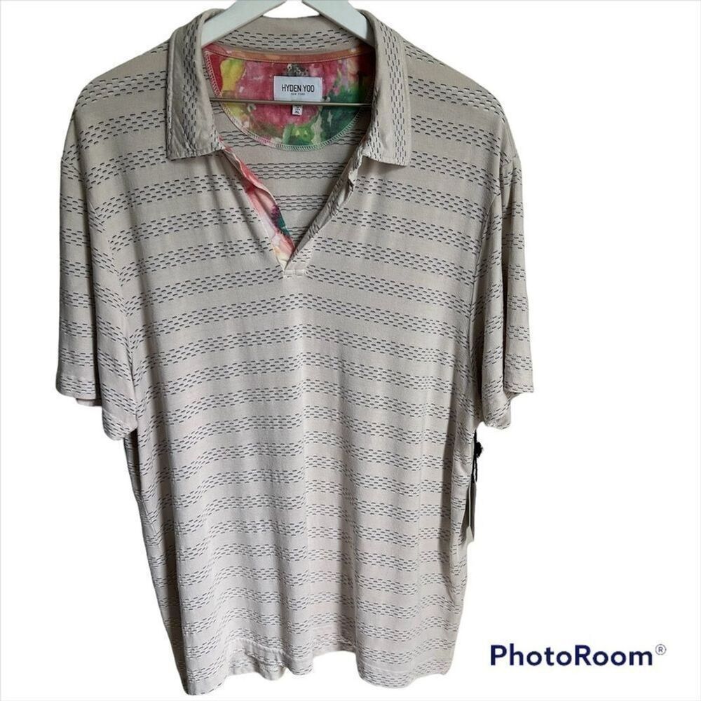 NWT Hyden Yoo Short Sleeve Casual Shirt Men's XL Tan Striped Resort Cruise